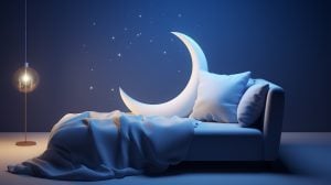 Sleep day, asleep and health problems, insomnia, soft bed time night lazy pillow comfort room, relax melatonin, woman man girl boy, moon star, banner copy space greeting card background